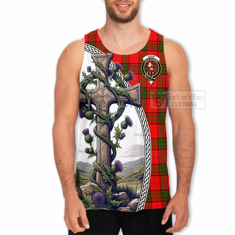Adair Tartan Men's Tank Top with Family Crest and St. Andrew's Cross Accented by Thistle Vines