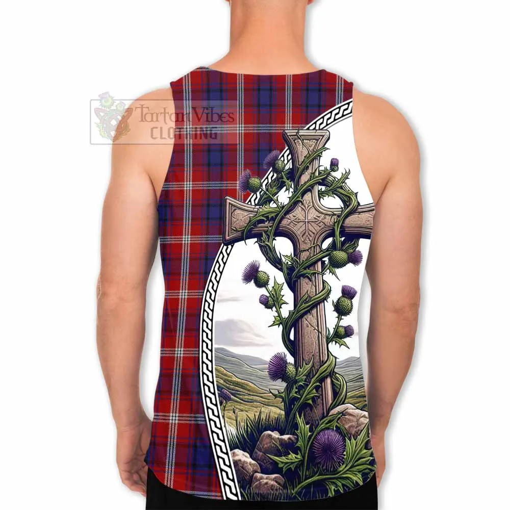 Ainslie Tartan Men's Tank Top with Family Crest and St. Andrew's Cross Accented by Thistle Vines