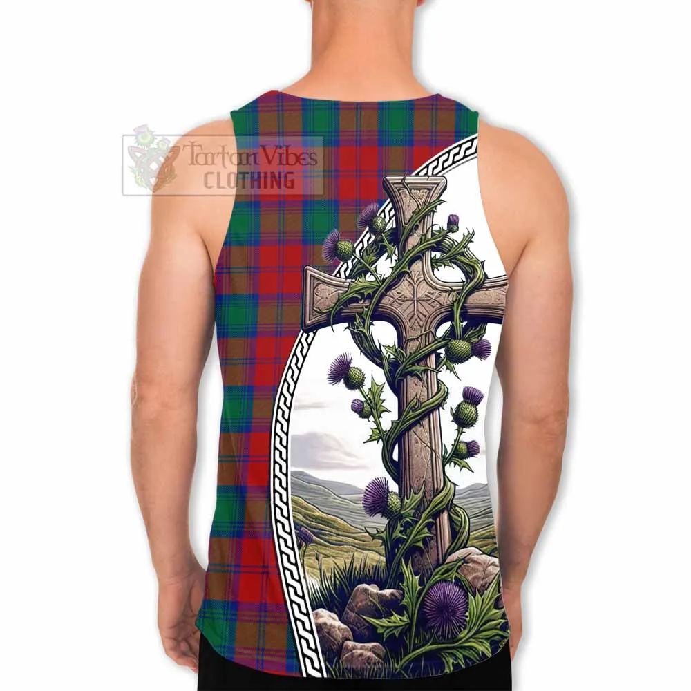 Auchinleck (Affleck) Tartan Men's Tank Top with Family Crest and St. Andrew's Cross Accented by Thistle Vines