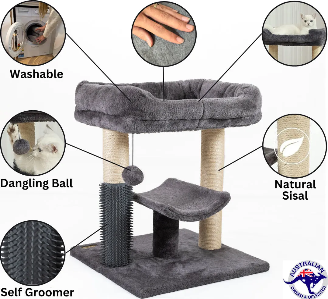 AUSSIE FURBABY Cat Scratcher Cat Tree - Includes Cat Scratching Posts & Cozy Cat Bed Platform - Stylish Cat Tree Tower Cat Condo for your cat or kitten with Self Grooming Brush - Fun Cat Toys