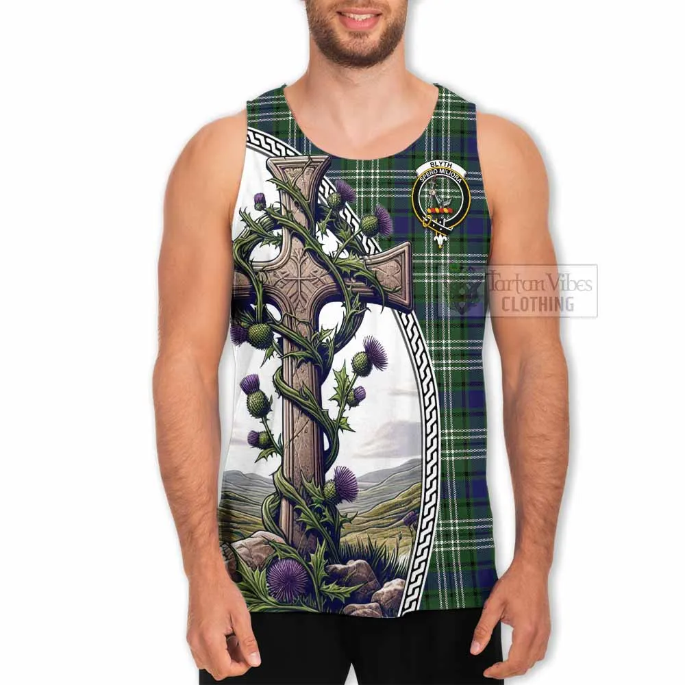 Blyth Tartan Men's Tank Top with Family Crest and St. Andrew's Cross Accented by Thistle Vines