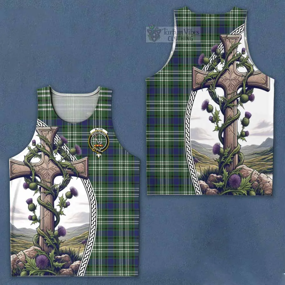 Blyth Tartan Men's Tank Top with Family Crest and St. Andrew's Cross Accented by Thistle Vines