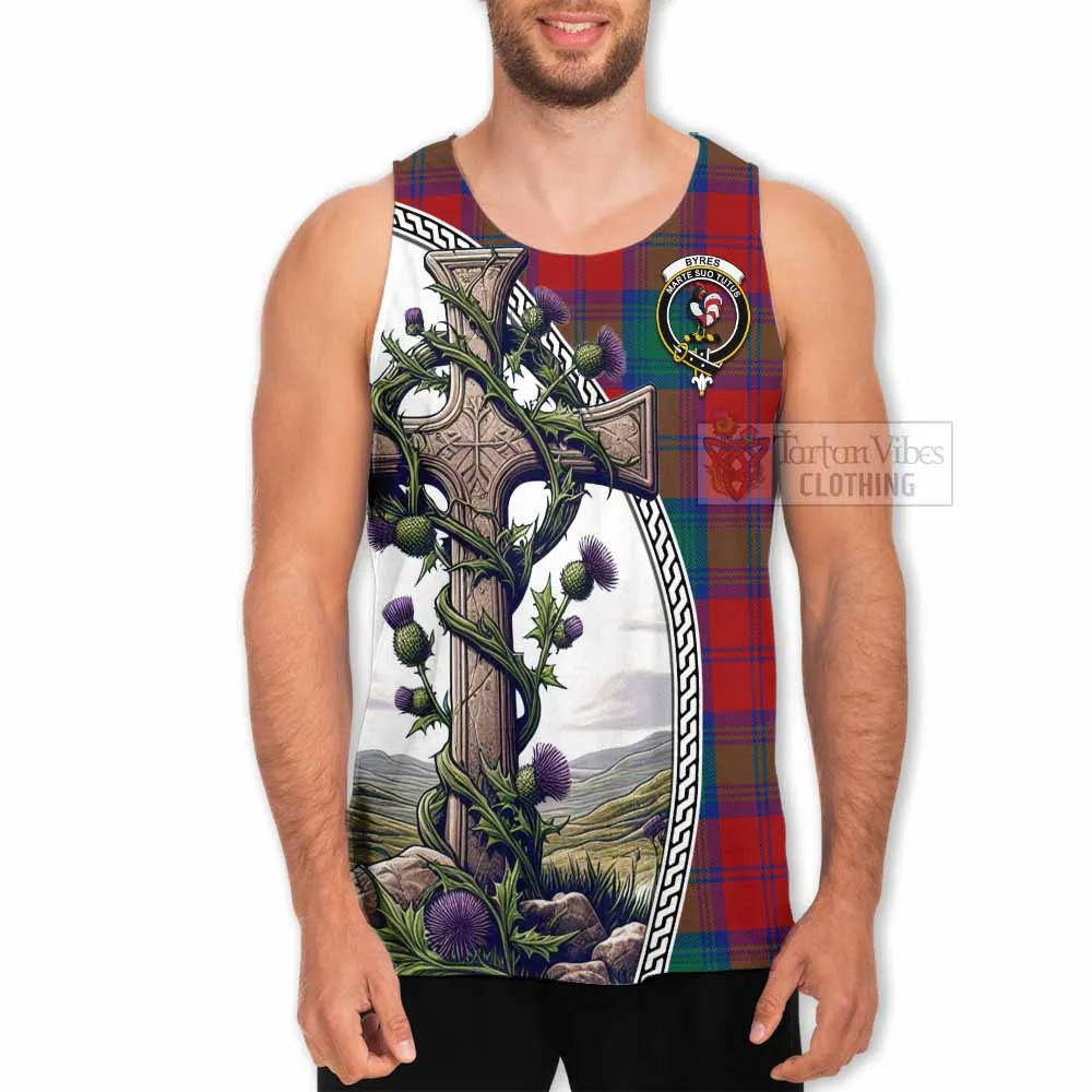 Byres (Byses) Tartan Men's Tank Top with Family Crest and St. Andrew's Cross Accented by Thistle Vines