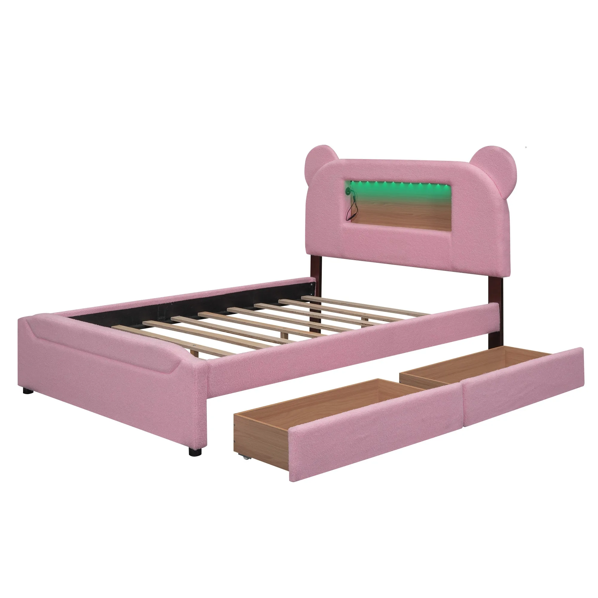 Full Size Upholstered Storage Platform Bed with Cartoon Ears Headboard, LED and USB, Pink