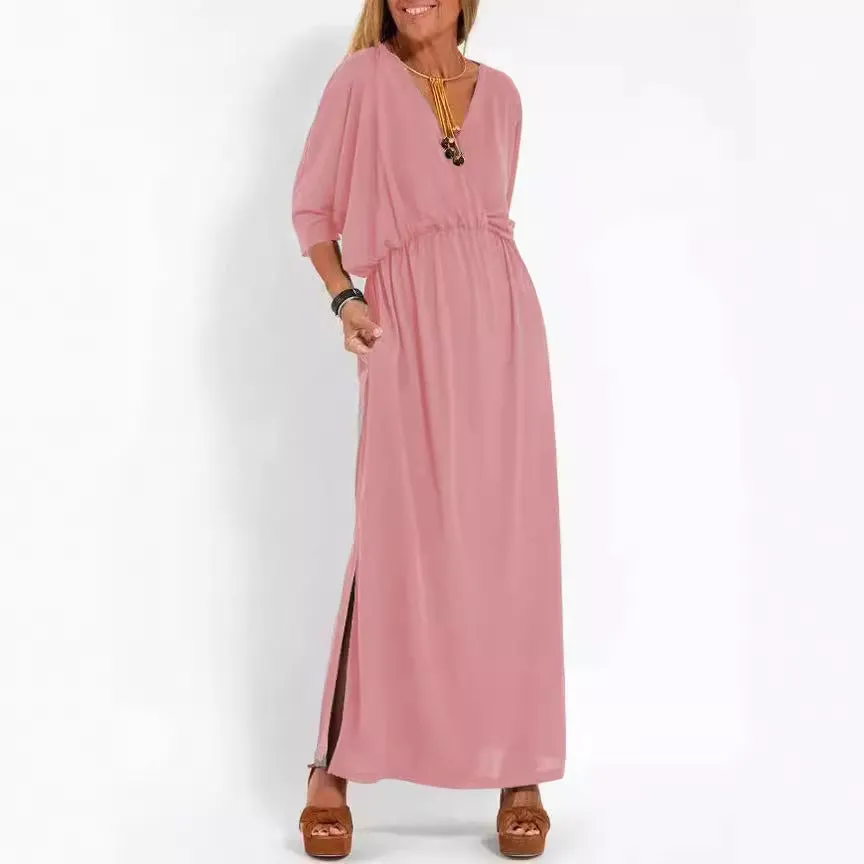 IKEARLAX Cross Border Summer New Independent Station  Fashion Solid Color High Waist Slit V-neck Dress