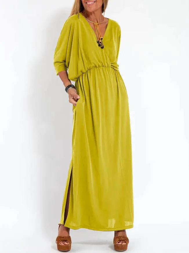 IKEARLAX Cross Border Summer New Independent Station  Fashion Solid Color High Waist Slit V-neck Dress