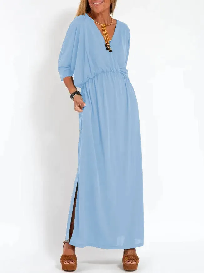 IKEARLAX Cross Border Summer New Independent Station  Fashion Solid Color High Waist Slit V-neck Dress