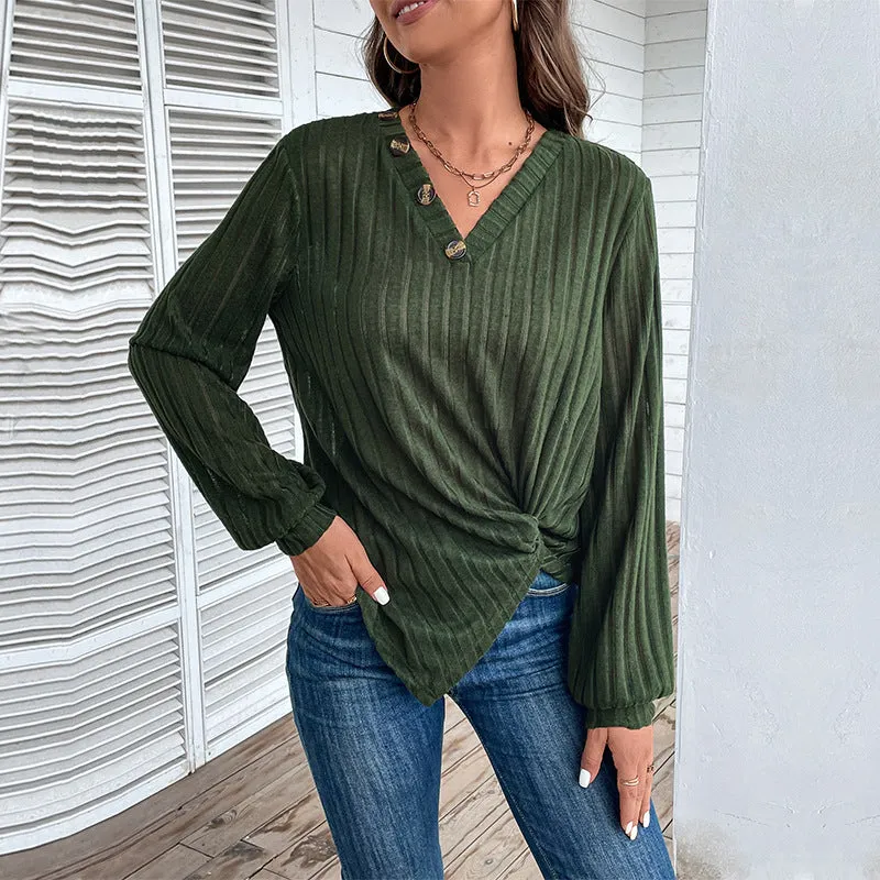 METAVERSMALL Europe, America and New autumn new V-neck women's clothing top texture pit strip T-shirt long-sleeved knitted sweater