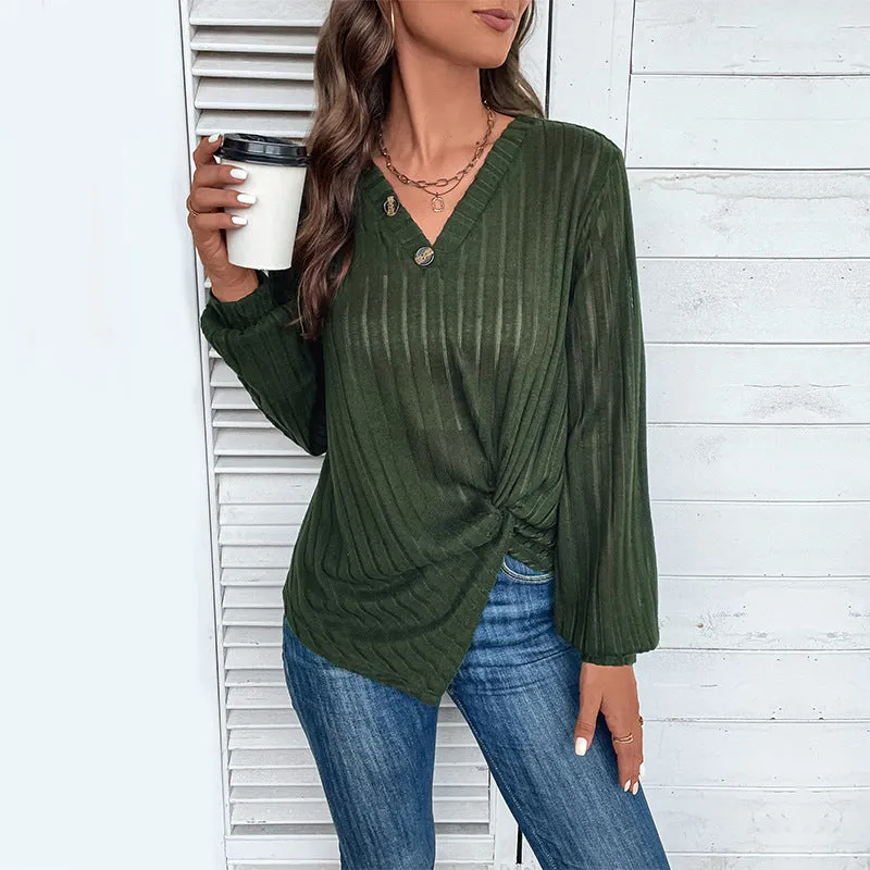 METAVERSMALL Europe, America and New autumn new V-neck women's clothing top texture pit strip T-shirt long-sleeved knitted sweater