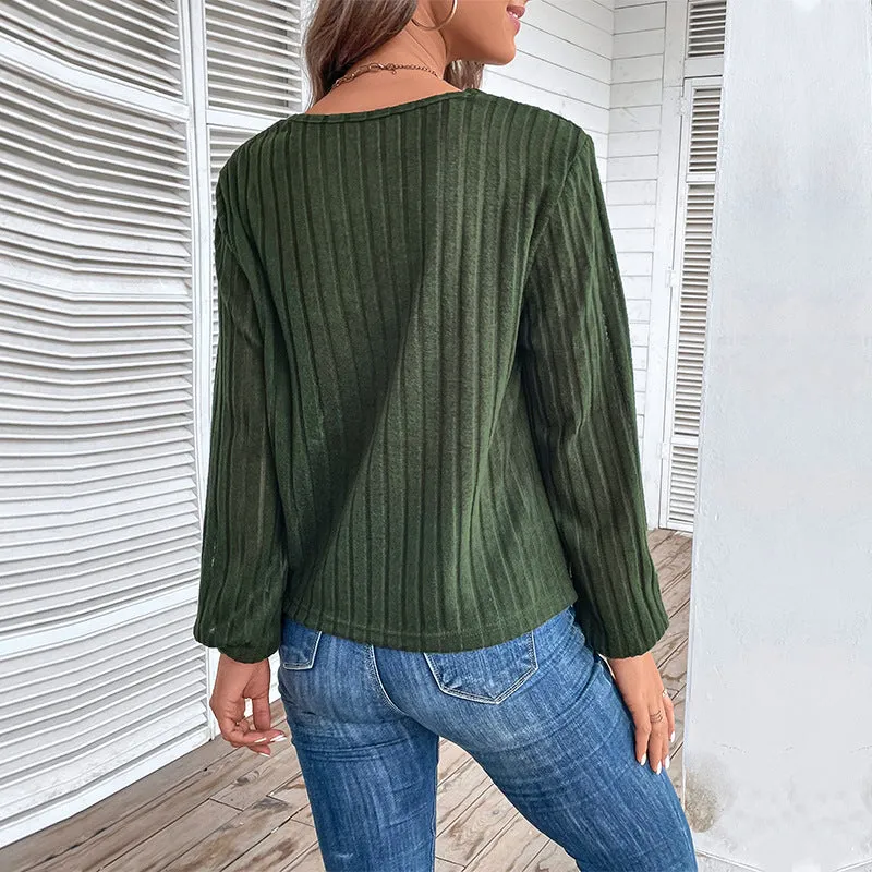 METAVERSMALL Europe, America and New autumn new V-neck women's clothing top texture pit strip T-shirt long-sleeved knitted sweater