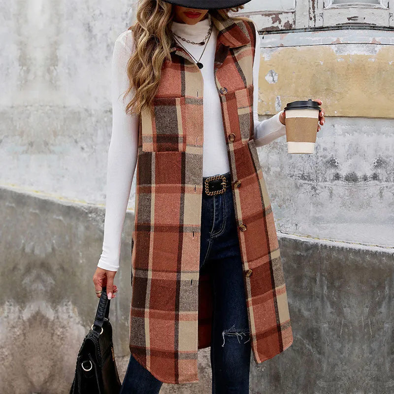 METAVERSMALL New autumn and winter new sleeveless lapel cardigan jacket 2025 foreign trade retro medium and long  plaid vest