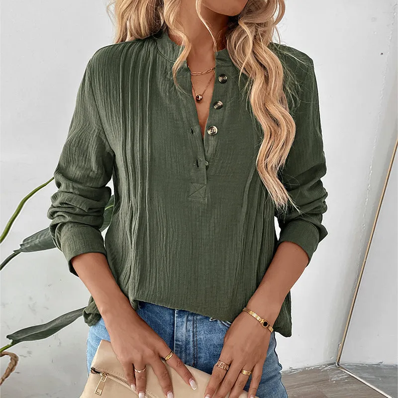 METAVERSMALL popular autumn and winter button V-neck solid color shirt  new versatile casual pullover shirt women