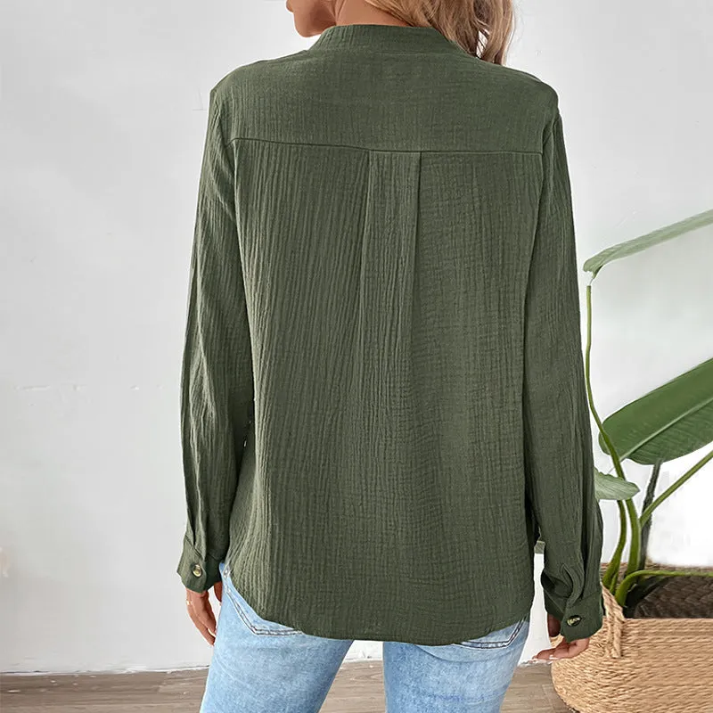 METAVERSMALL popular autumn and winter button V-neck solid color shirt  new versatile casual pullover shirt women