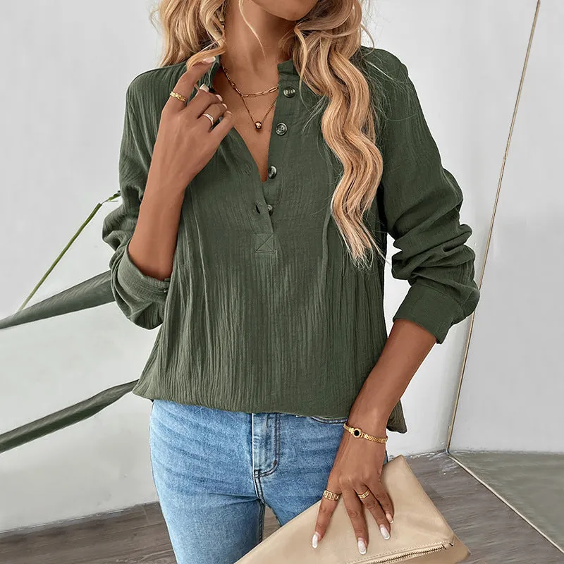 METAVERSMALL popular autumn and winter button V-neck solid color shirt  new versatile casual pullover shirt women