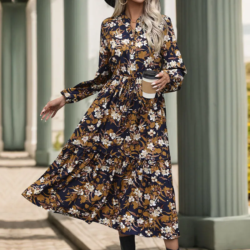 METAVERSMALL Yama New new autumn  women's clothing retro printing dress 2025 temperament elegant V-neck skirt women