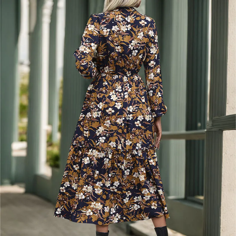 METAVERSMALL Yama New new autumn  women's clothing retro printing dress 2025 temperament elegant V-neck skirt women