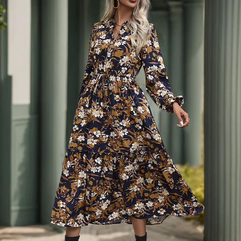 METAVERSMALL Yama New new autumn  women's clothing retro printing dress 2025 temperament elegant V-neck skirt women