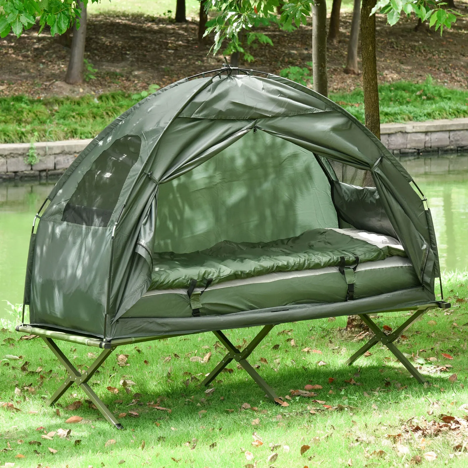 Outdoor 1-Person Folding Tent Elevated Camping Cot W/Air Mattress Sleeping Bag