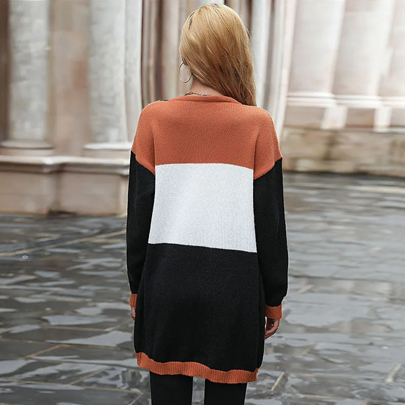 PEOPLETERRITORY New  New Autumn and Winter Women's Clothing Long Pocket Design Contrast Color Sweater Knitted Cardigan Jacket