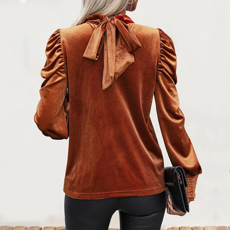 PEOPLETERRITORY New   trade women's clothing autumn fashion design sense pullover top middle collar lace-up pleated women's shirt