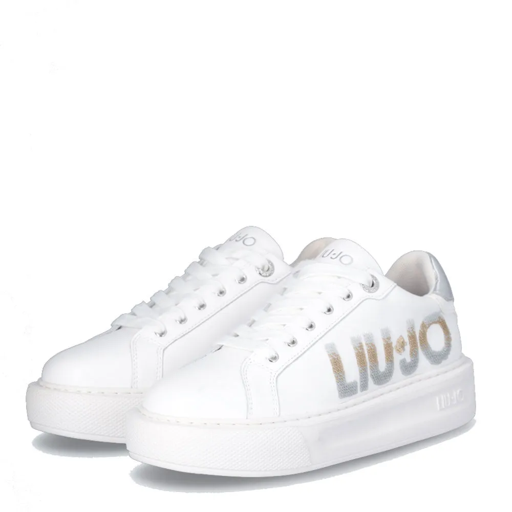 Scarpe Donna LIU JO Kylie 22 Sneakers Platform in Pelle Bianca con Maxi Logo in Paillettes Glitter