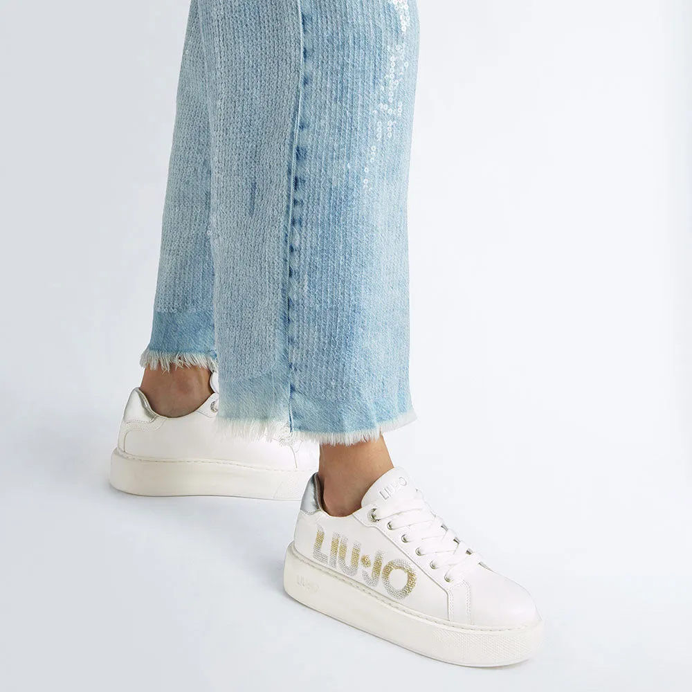 Scarpe Donna LIU JO Kylie 22 Sneakers Platform in Pelle Bianca con Maxi Logo in Paillettes Glitter