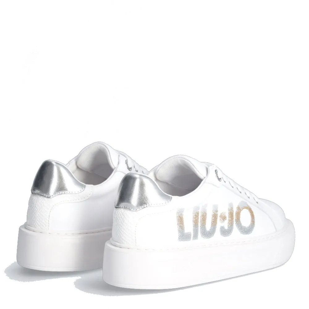 Scarpe Donna LIU JO Kylie 22 Sneakers Platform in Pelle Bianca con Maxi Logo in Paillettes Glitter