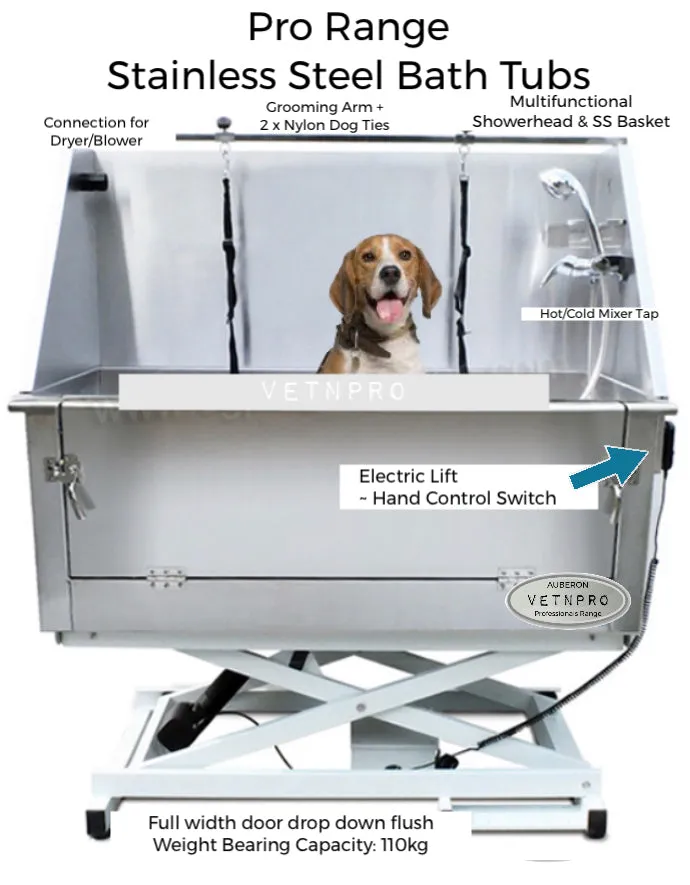 Stainless Steel Bath Tub Pro 127cm choice of •Electric Lift or •Stand (removable) ~ Full Width Walk-In Entry Door   many features