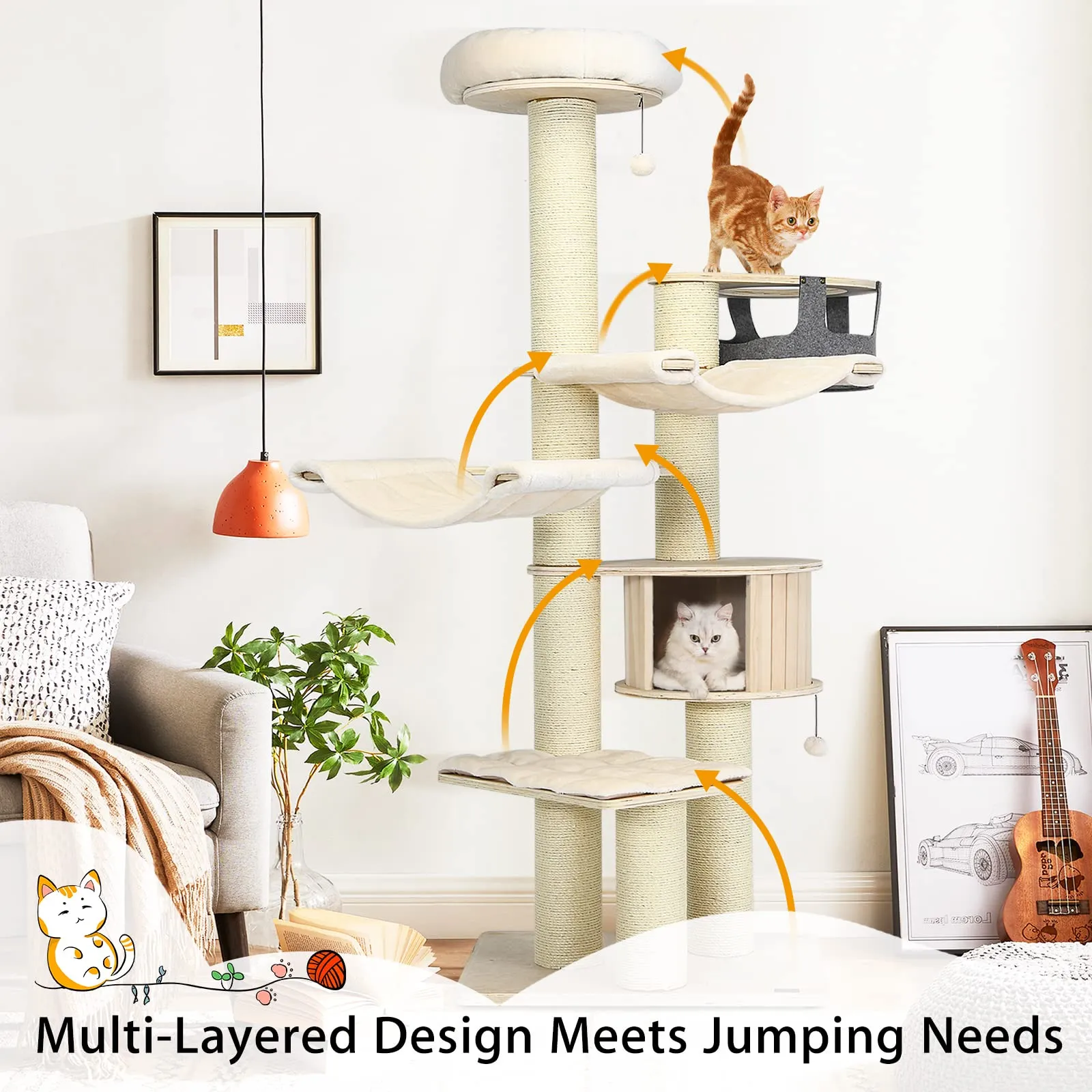 Tangkula Modern Cat Tree, Multi-Level Large Cat Tower with Sisal Scratching Posts, Hammocks, Hanging Basket