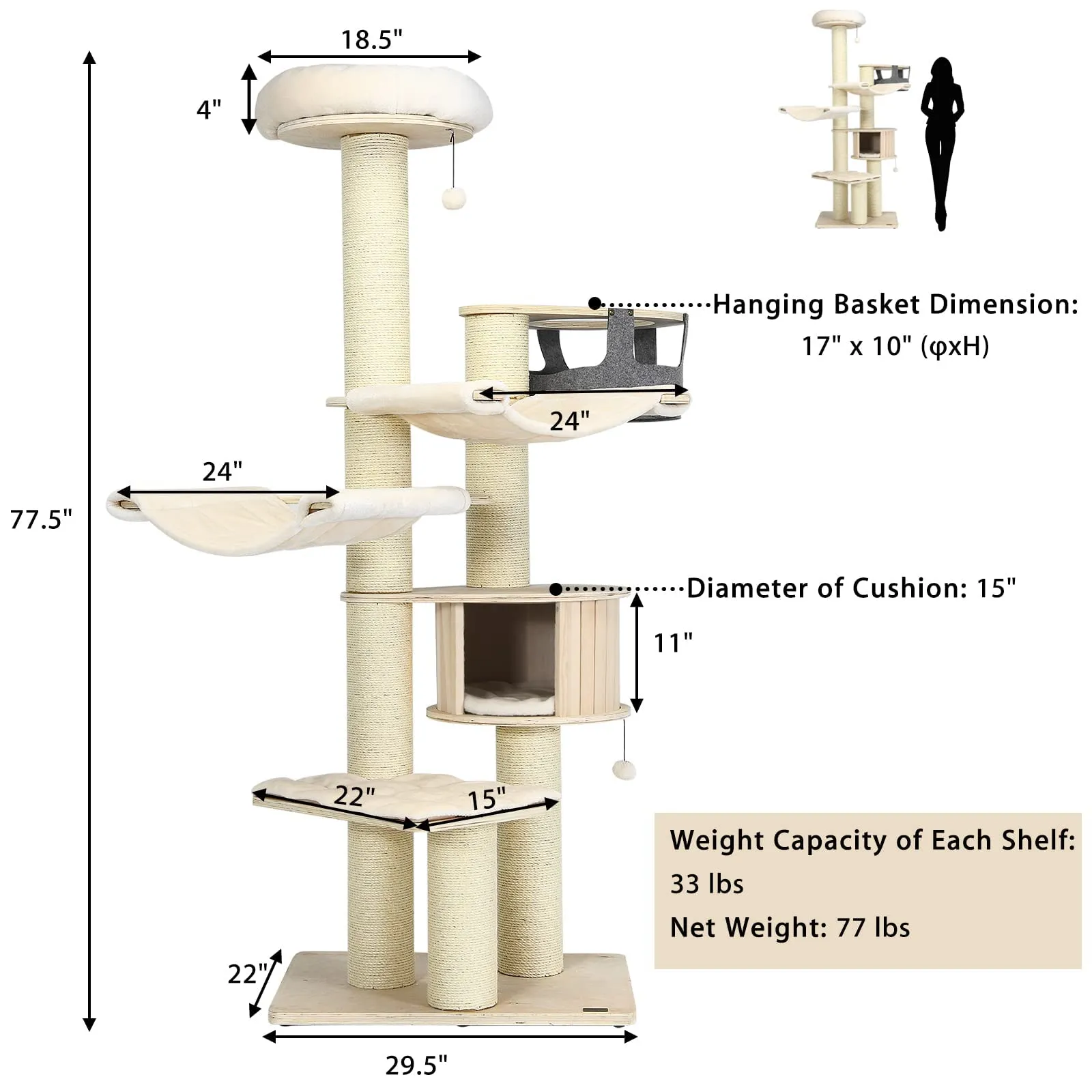 Tangkula Modern Cat Tree, Multi-Level Large Cat Tower with Sisal Scratching Posts, Hammocks, Hanging Basket