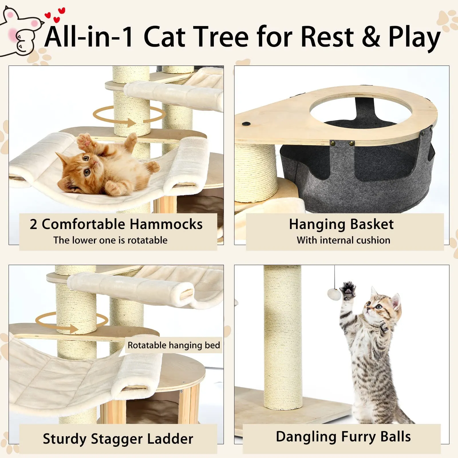 Tangkula Modern Cat Tree, Multi-Level Large Cat Tower with Sisal Scratching Posts, Hammocks, Hanging Basket