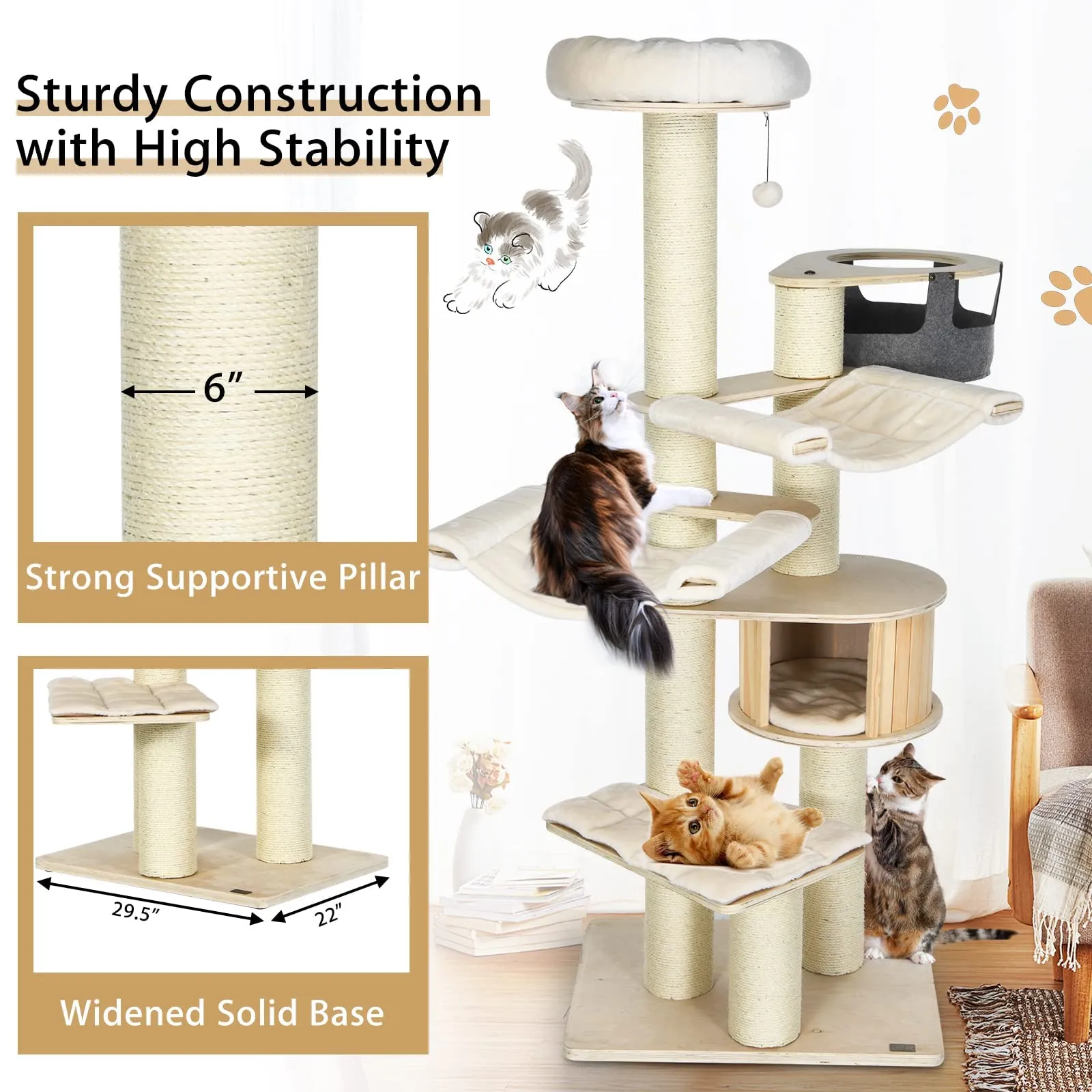 Tangkula Modern Cat Tree, Multi-Level Large Cat Tower with Sisal Scratching Posts, Hammocks, Hanging Basket