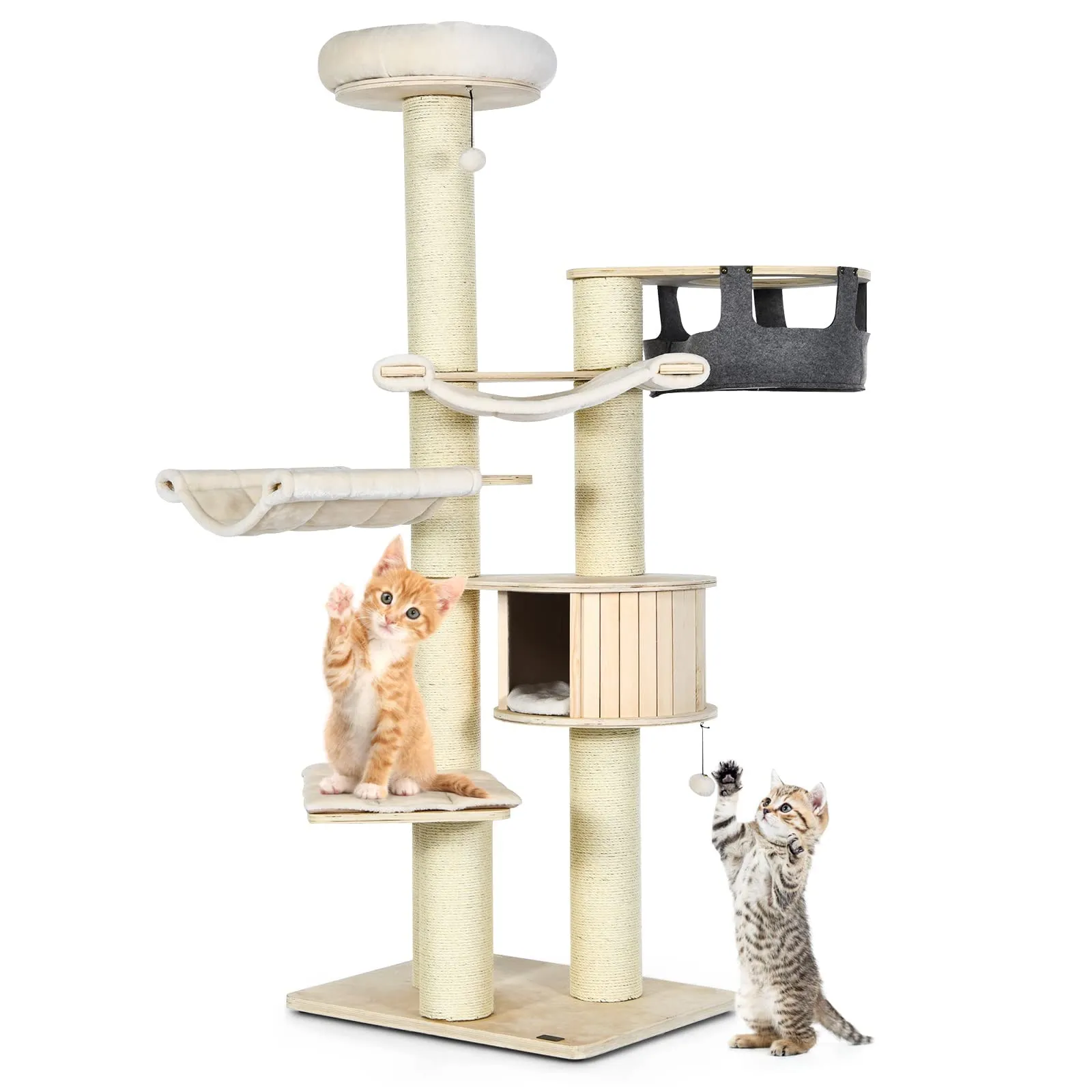 Tangkula Modern Cat Tree, Multi-Level Large Cat Tower with Sisal Scratching Posts, Hammocks, Hanging Basket