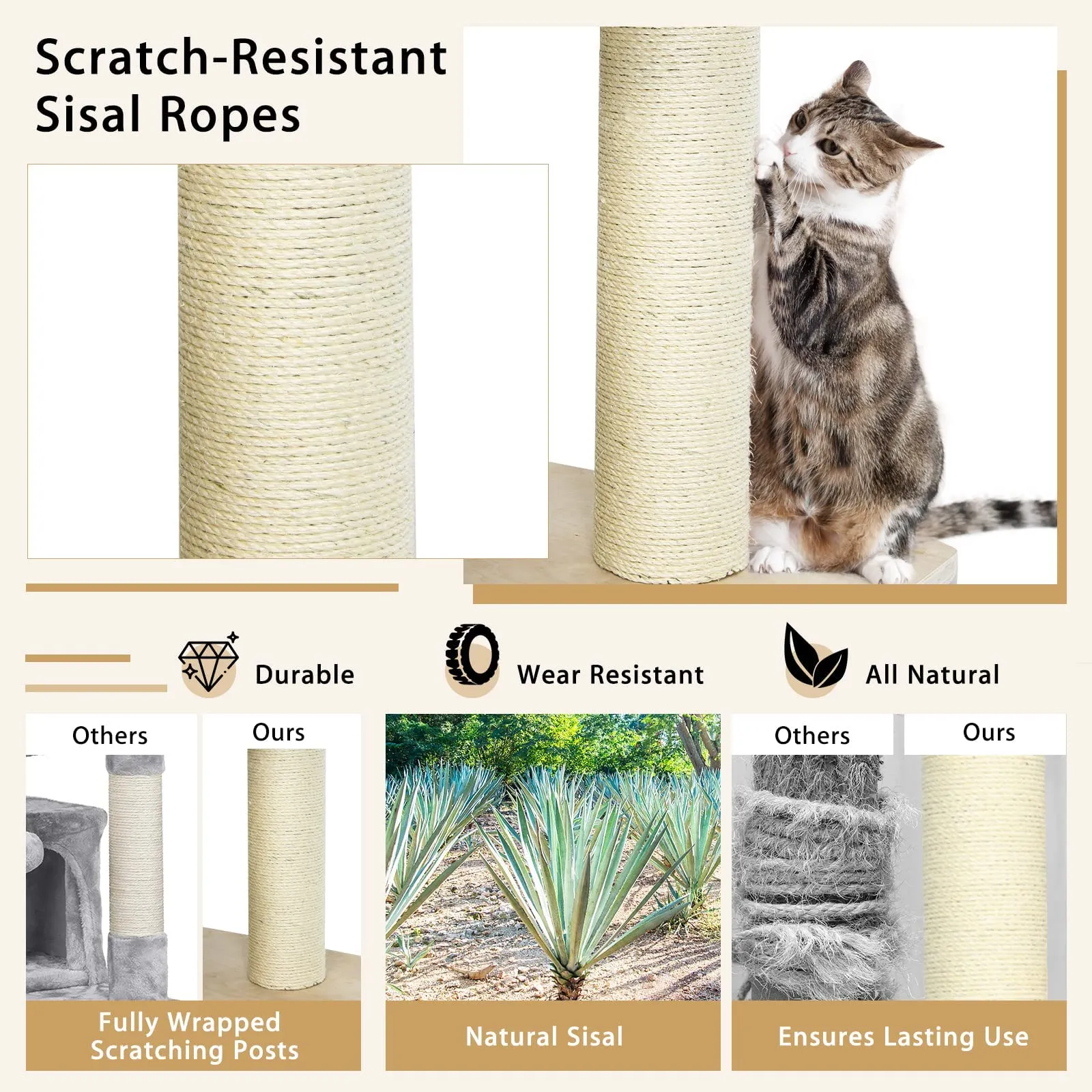 Tangkula Modern Cat Tree, Multi-Level Large Cat Tower with Sisal Scratching Posts, Hammocks, Hanging Basket