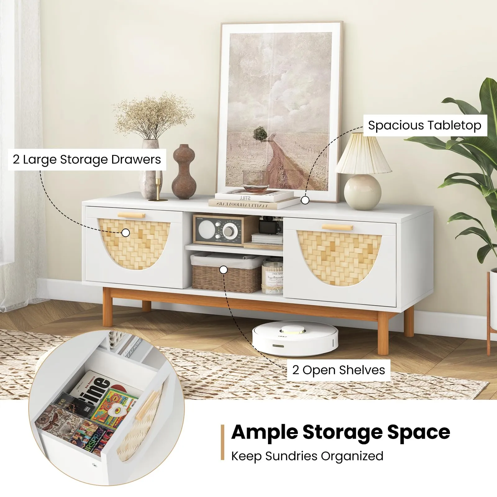 Tangkula TV Stand for 55 Inch TVs, Mid Century Modern Entertainment Center with 2 Drawers & Bamboo Woven Fronts
